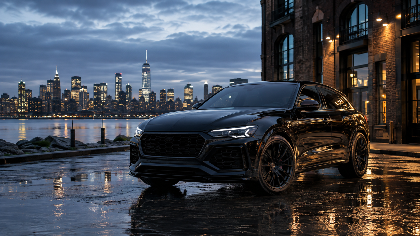 Black luxury vehicle overlooking the Brooklyn waterfront